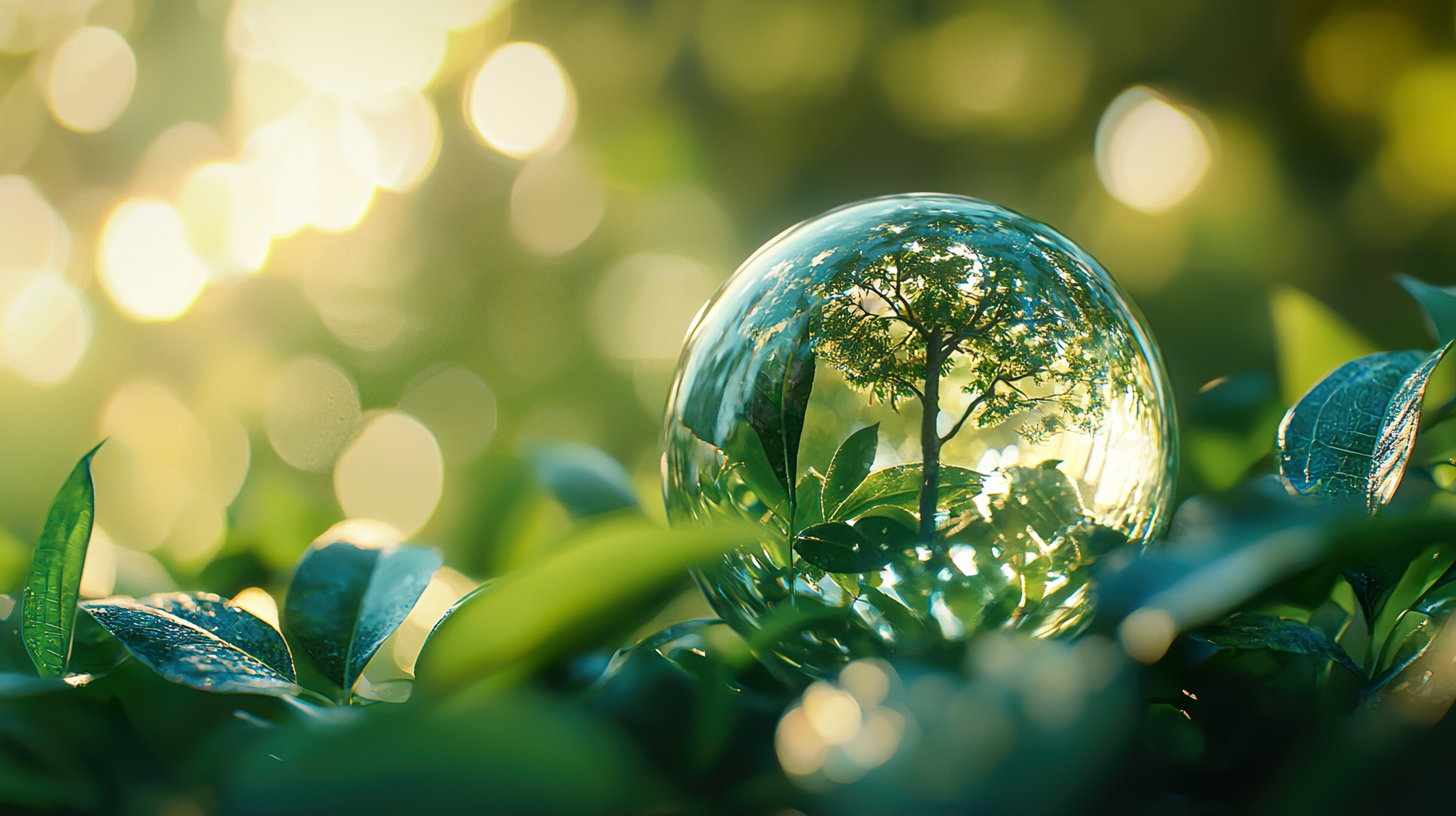 A tree image inside a water droplet in a forest