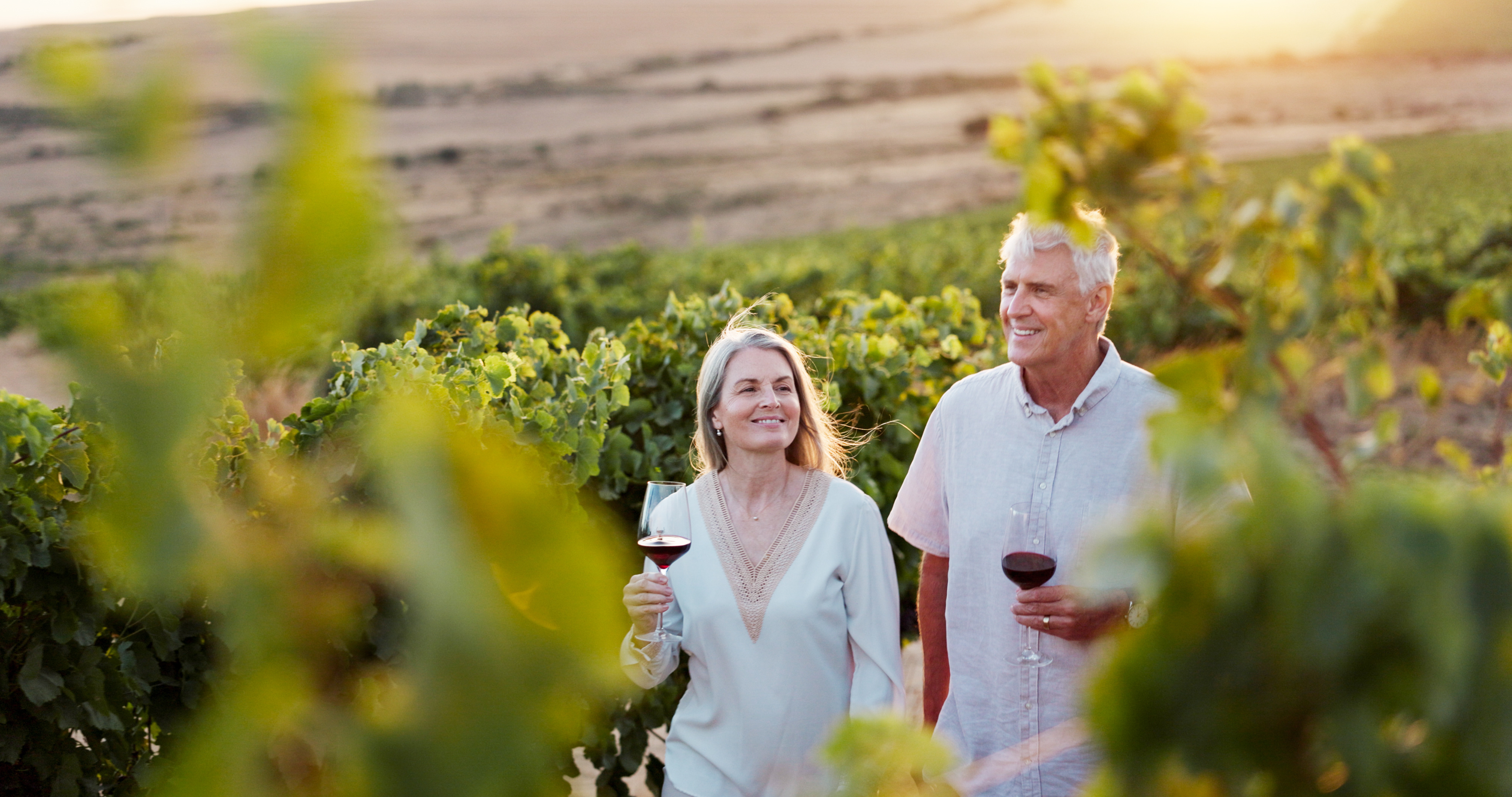 A couple in a vineyard on holiday in retriement
