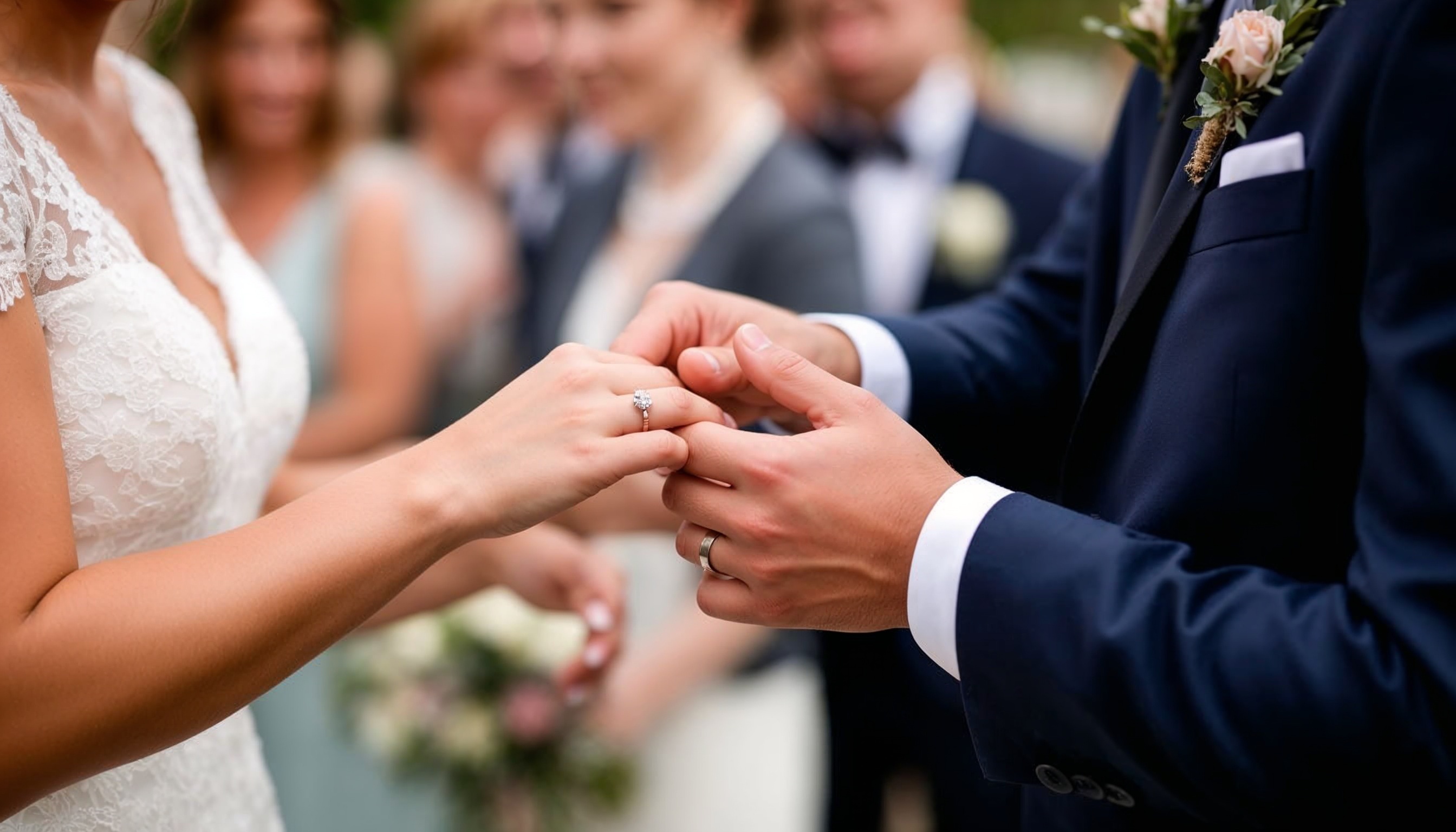 A couple exchanging rings at their wedding