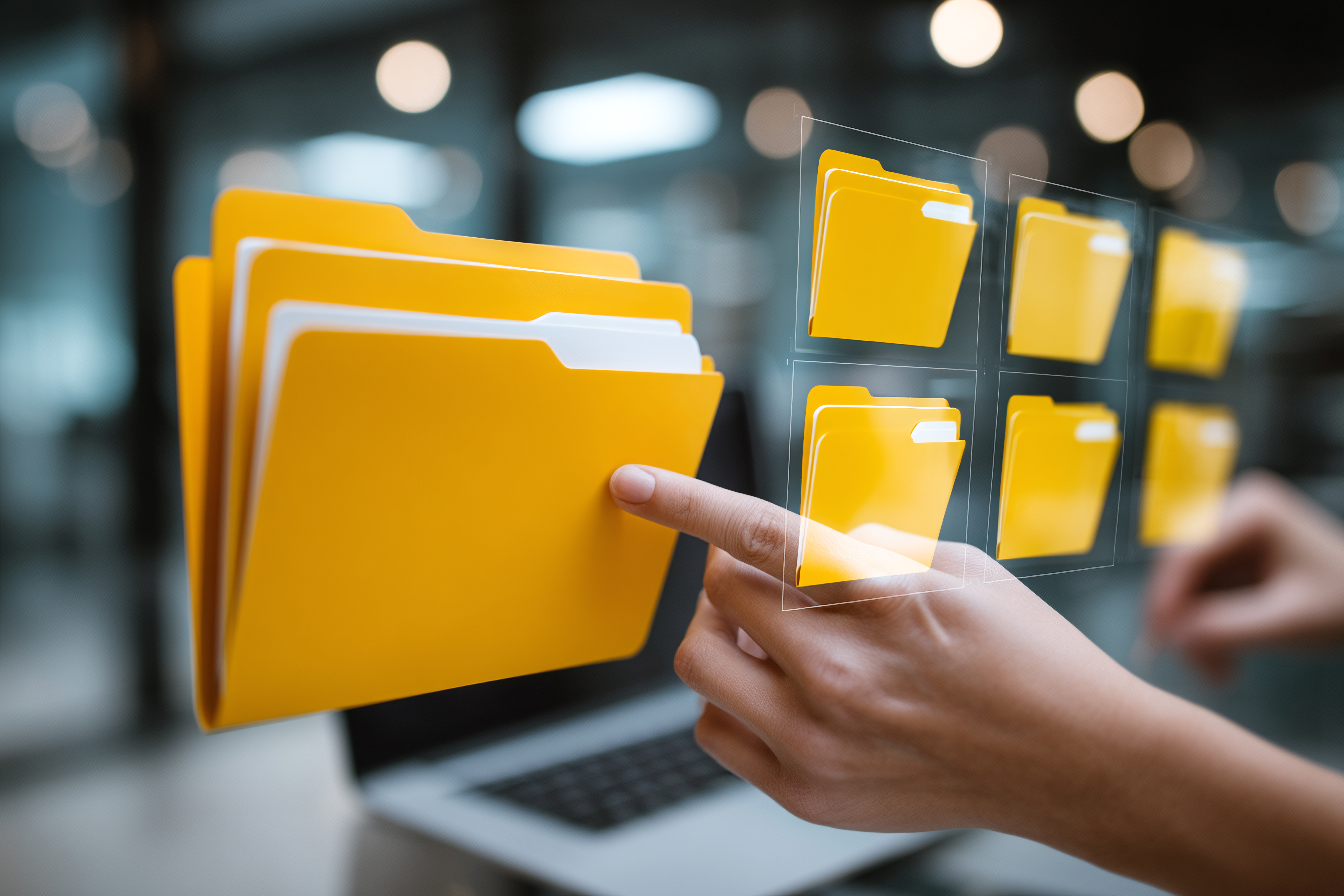 A person points as a graphic of a computer folder against a backdrop of a laptop and office