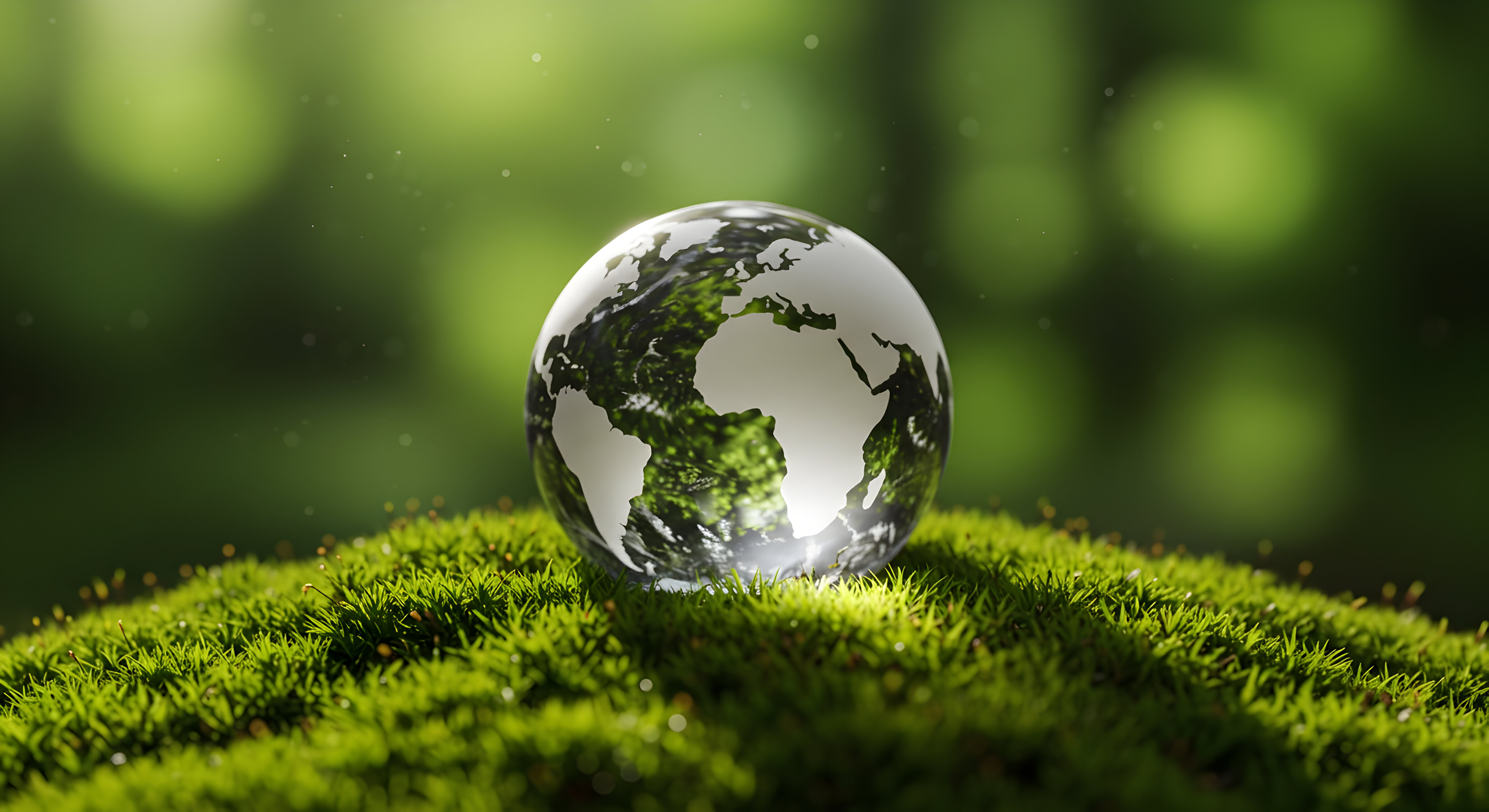 A glass world on a bed of green moss
