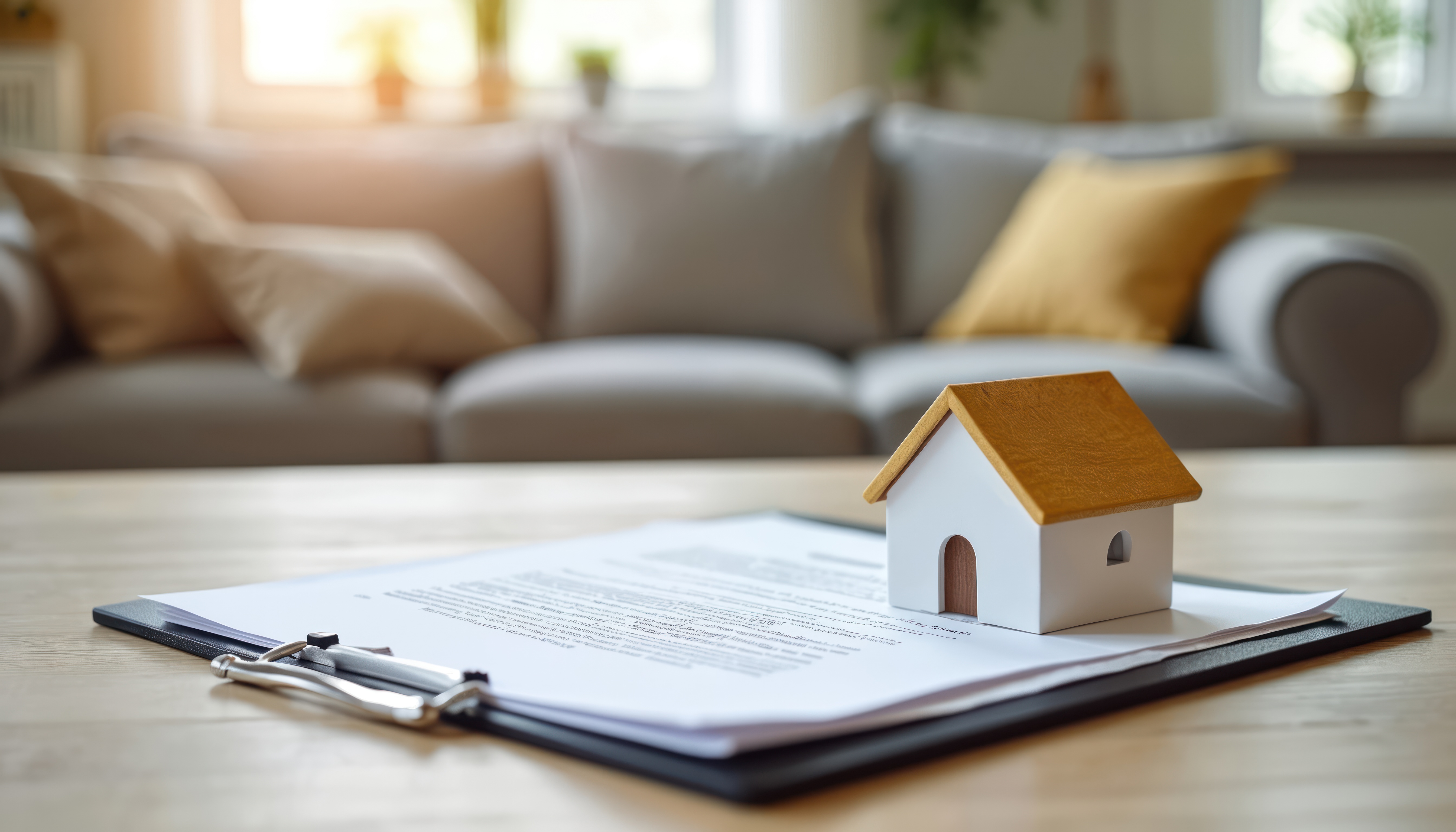 A model of a house sitting on a table next to a clipboard