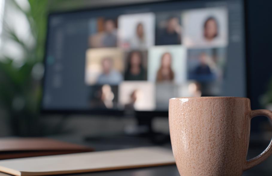 Cup of coffee on table in front of laptop screen showing a webinar