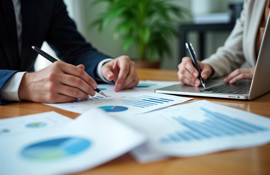 A couple sign documents including reports and pie charts
