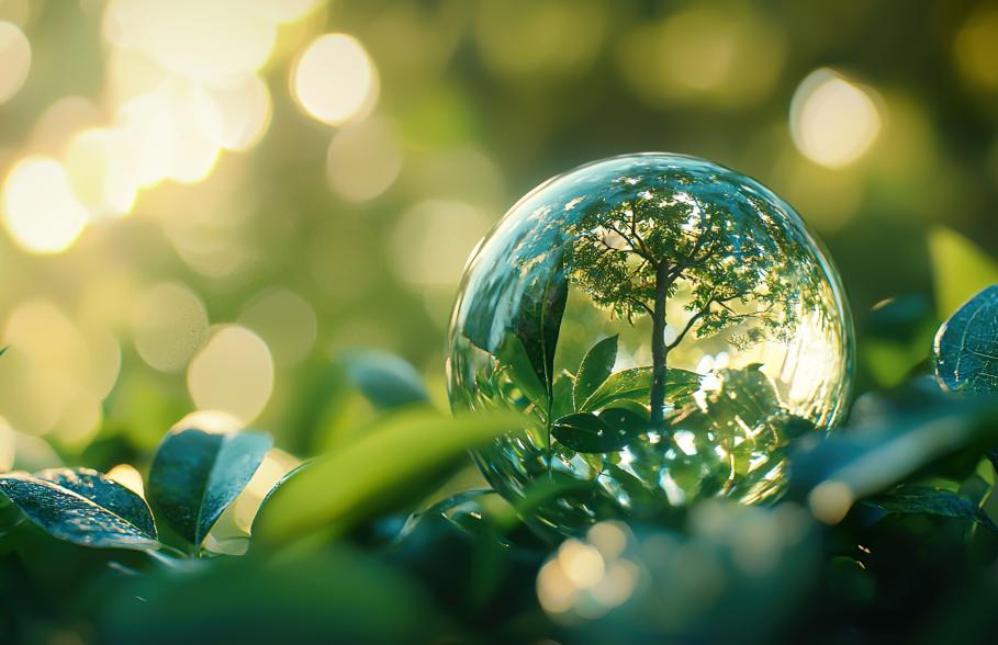 A tree image inside a water droplet in a forest