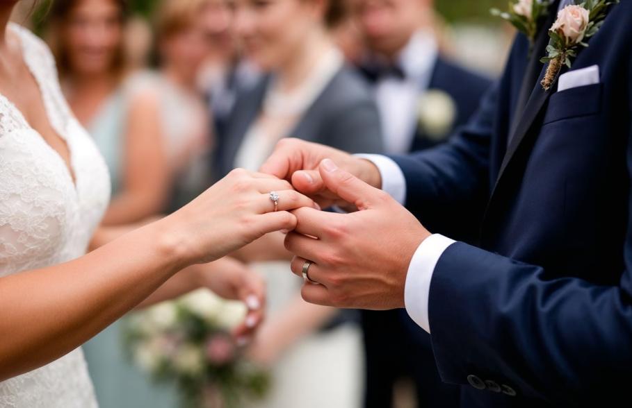A couple exchanging rings at their wedding