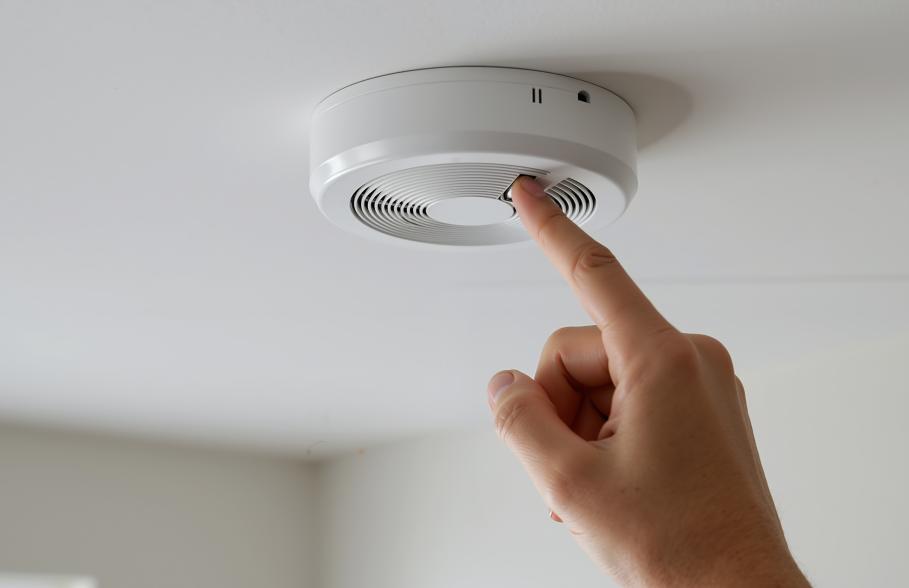 A person pushing a smoke detector in a home