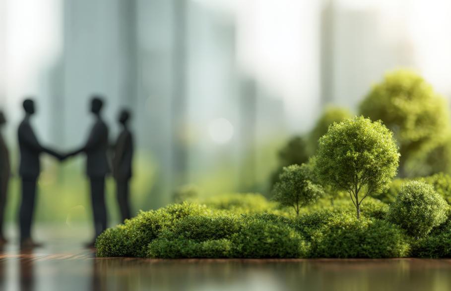 People shake hands in a virtual office with green foliage