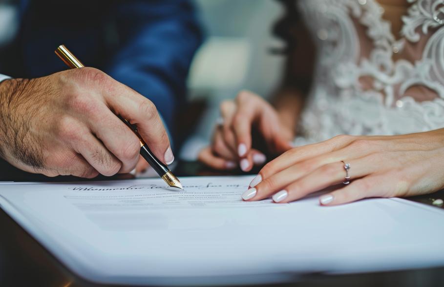 A couple sign documents whilst sitting beside each other
