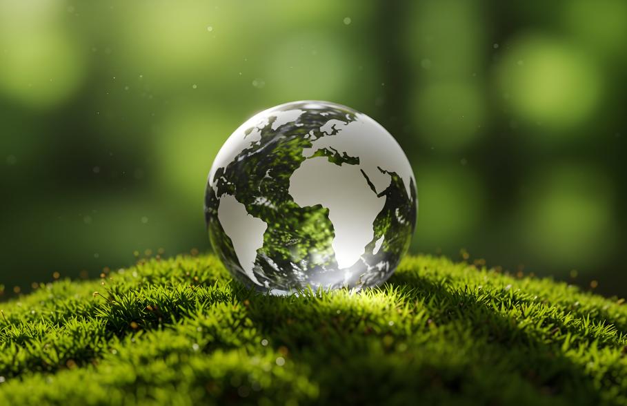 A glass world on a bed of green moss