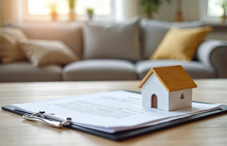 A model of a house sitting on a table next to a clipboard