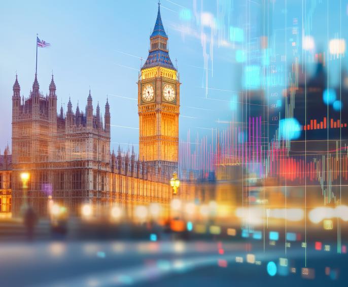 A digital investment report on top of an image of the Houses of Parliament