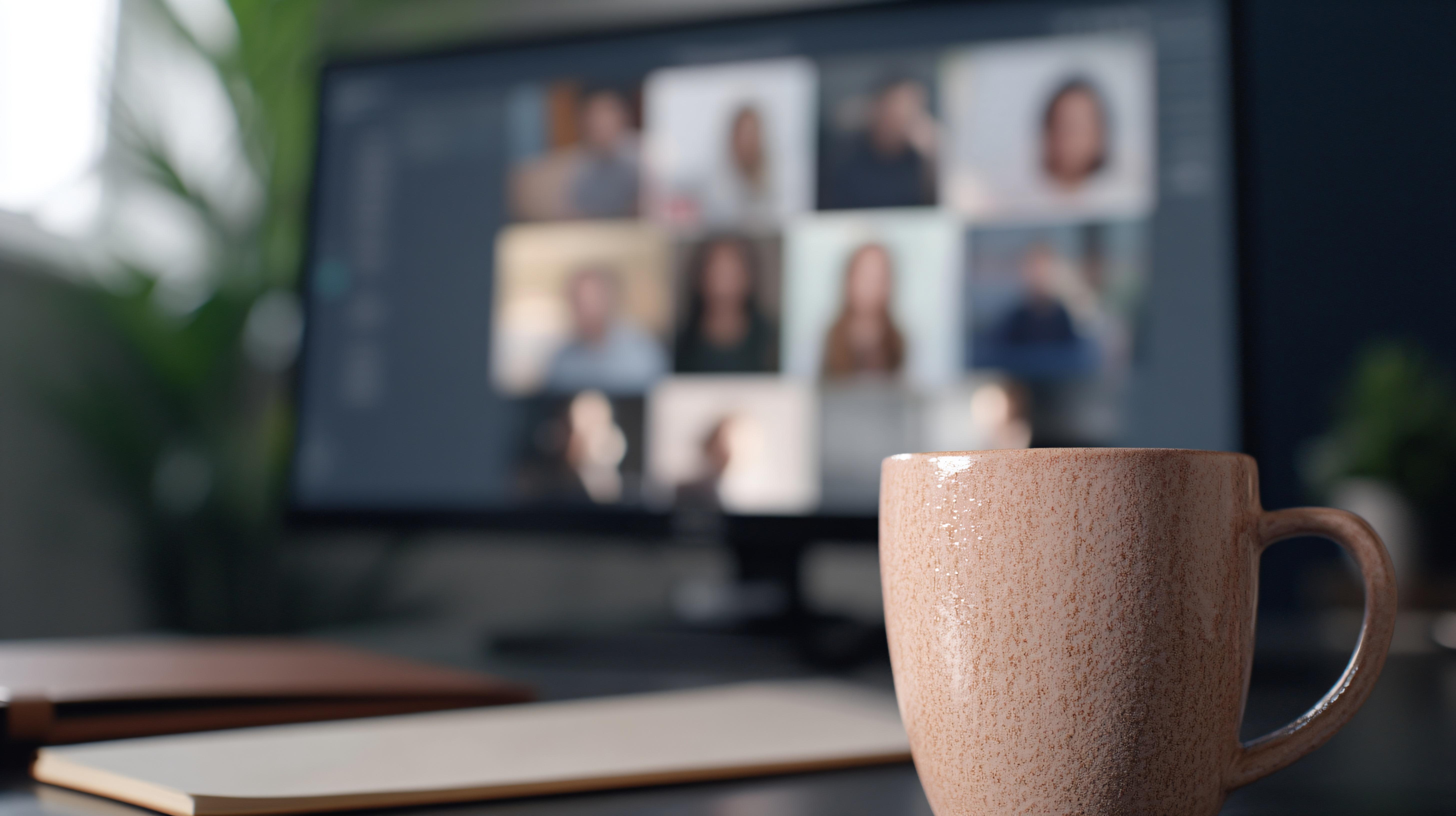 Cup of coffee on table in front of laptop screen showing a webinar