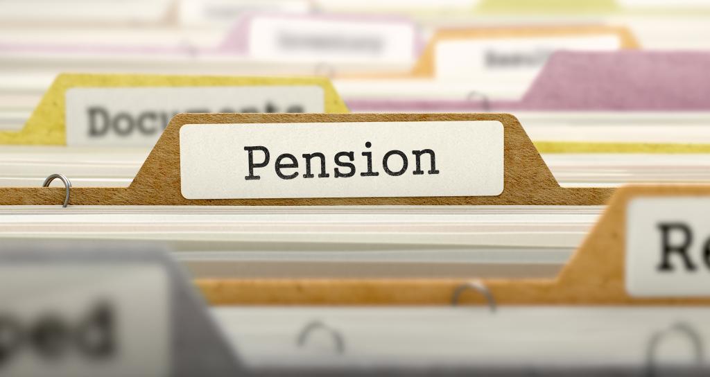 A filing cabinet folder with the word Pension
